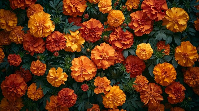 Autumn-inspired marigolds in warm and earthy tones, forming a cozy and seasonal floral background for fall-themed designs. [Marigolds floral background for the designer's work]
