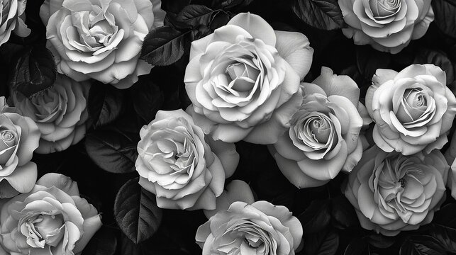 Monochrome roses with a black and white color scheme, creating a timeless and dramatic floral background for classic designs. [Monochrome roses floral background for the designer's