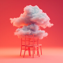 
Stacked chairs with cloud against coral color background. Minimal success concept background, dynamic shot angle, stock photo