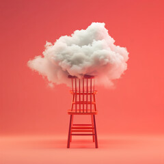 
Stacked chairs with cloud against coral color background. Minimal success concept background, dynamic shot angle, stock photo