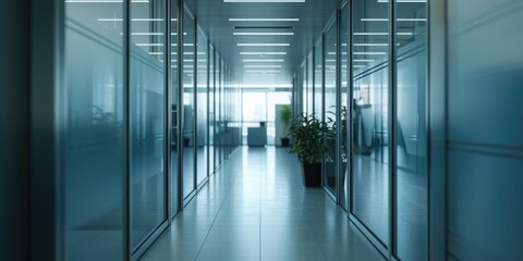 A picture of a long hallway with a plant in a pot. This image can be used to depict interior design, office spaces, or home decor ideas