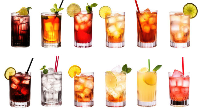 Alcohol Cocktail Mocktail. Many assorted different range types isolated on white background cutout