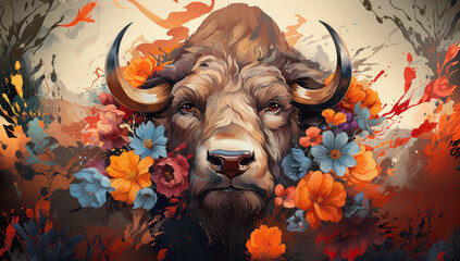 Illustration of a buffalo head with creative colorful floral elements and splashes - obrazy, fototapety, plakaty