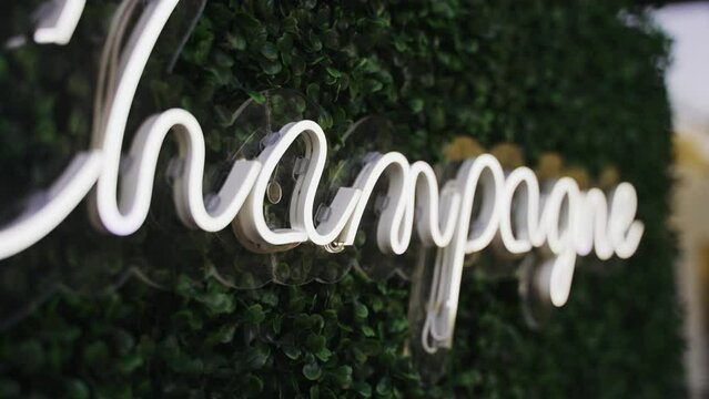 The image shows a neon sign that reads "Champagne" with a cursive font, set against a backdrop of lush green foliage, giving a vibrant and celebratory feel.