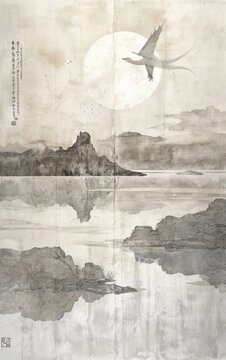 grunge image of mountains and sea with bird on the sky