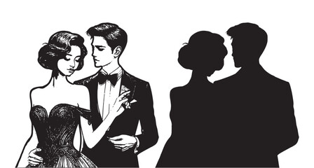 Create a black and white illustration of a happy couple