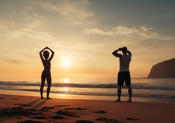 Fototapeta na wymiar A man and a woman doing exercises on the beach