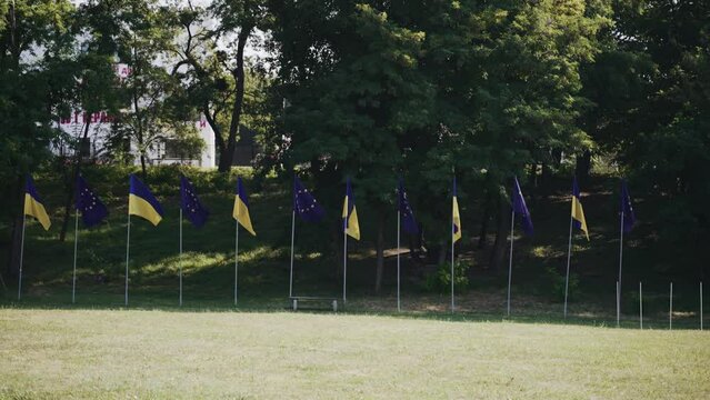 
A row of alternating Ukrainian and European Union flags fluttering in a park, symbolizing unity and partnership, set against a backdrop of trees.