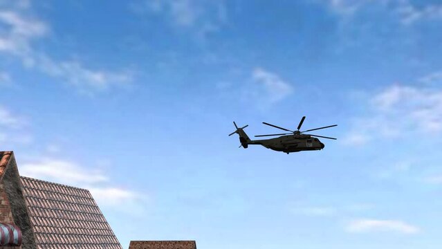 Helicopters Realistic 3D flying  and crossing town building with low angle view animation, copter helicopter entering and outing render