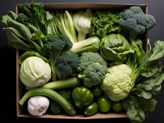 There are many vegetables packed in a green box. Black background. Generative AI