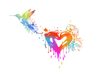 Colored heart of patterns with a bird. hand drawing. Heart with wings. Not AI. Happy Valentine's Day. Vector illustration