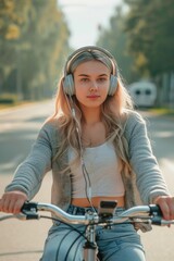 A woman riding a bike with headphones on. Great for promoting active lifestyles and outdoor activities
