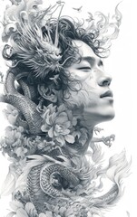 Tattoo art, beautiful woman face with dragon and flowers.