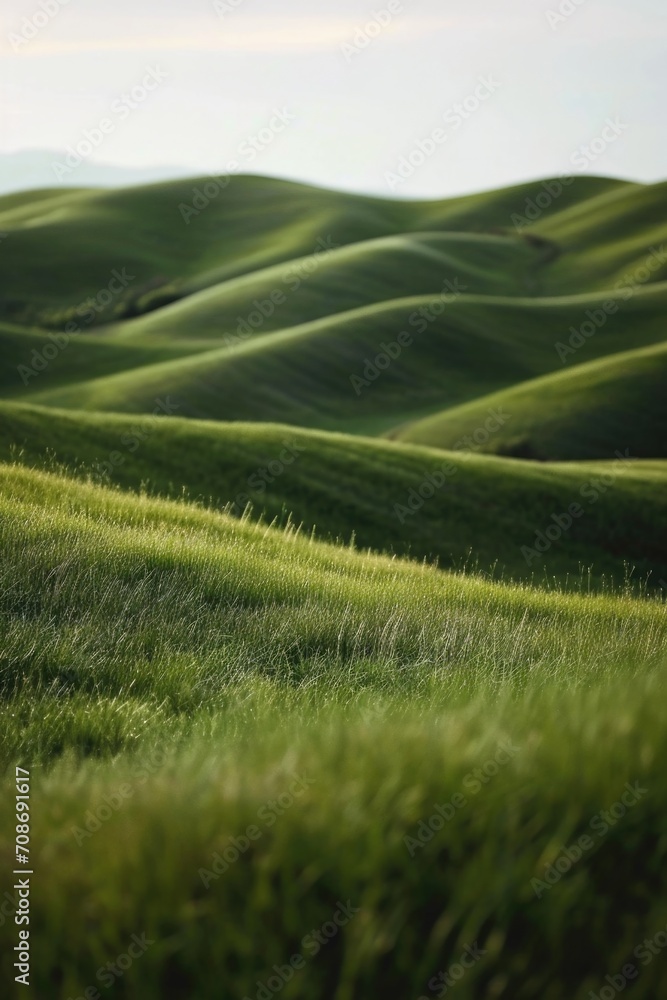 Poster A single sheep stands alone in a field of lush green grass. This image can be used to represent solitude, individuality, or the beauty of nature