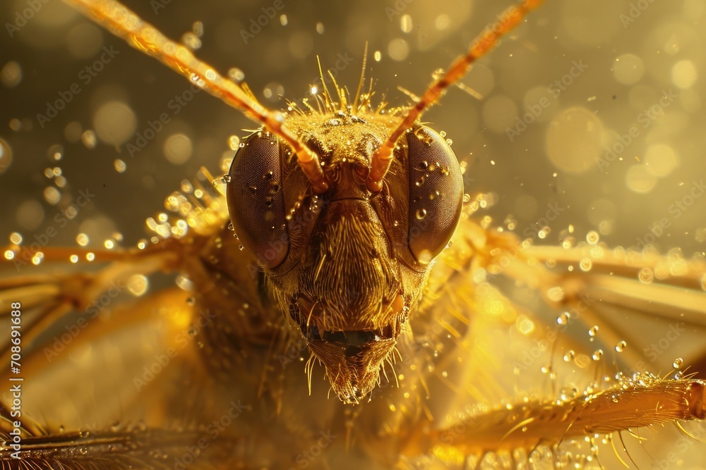 Poster A close up view of a bug with water droplets on its face. This image can be used to depict the intricate details of nature and the beauty of insects.