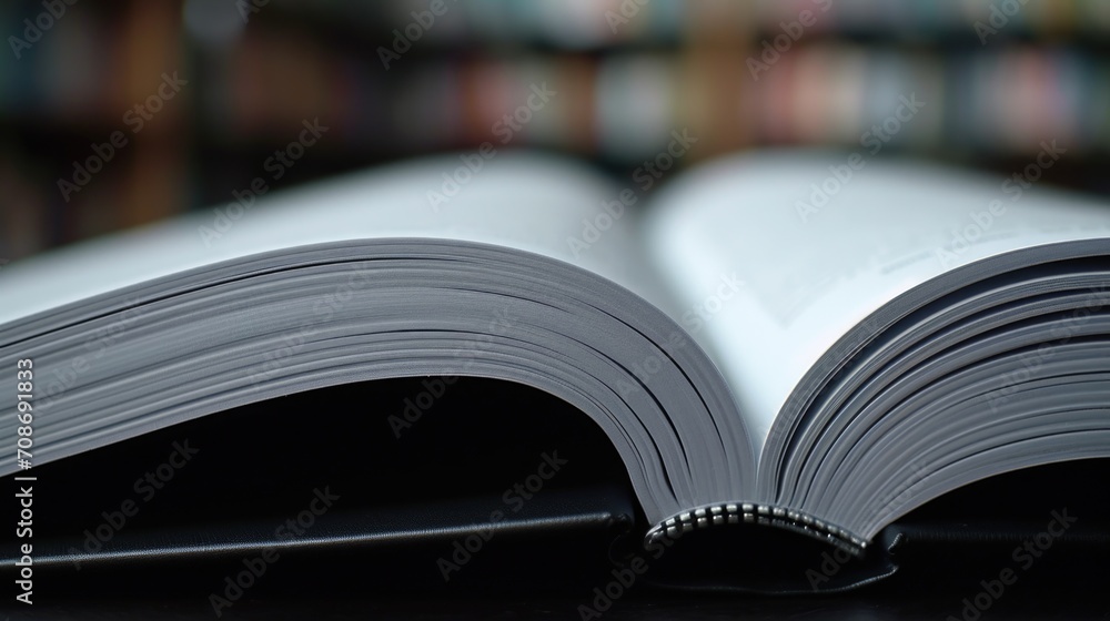 Poster an open book sitting on top of a table. perfect for educational materials and literature-related pro
