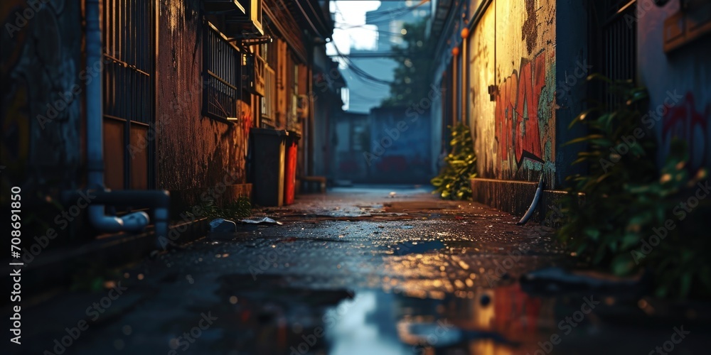 Poster an image depicting an alleyway with a puddle of water on the ground. this picture can be used to sho