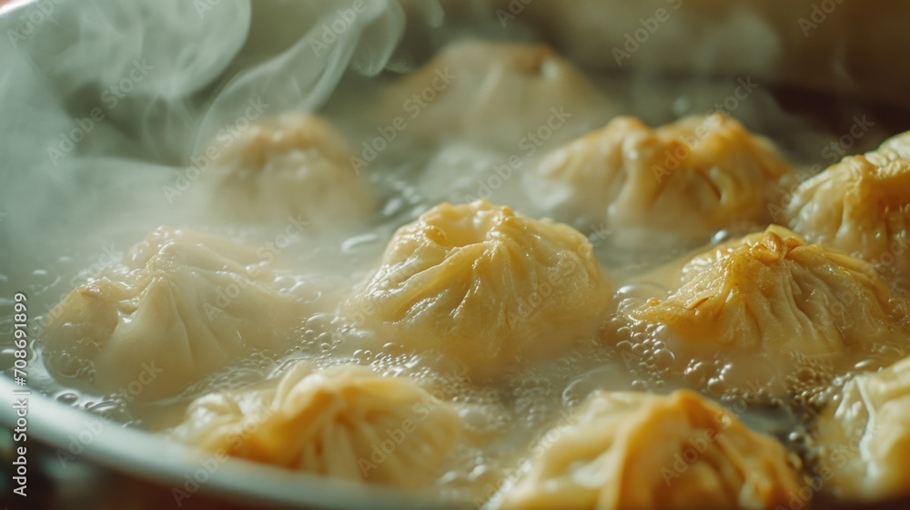 Poster A frying pan filled with lots of dumplings. Perfect for food and cooking related projects