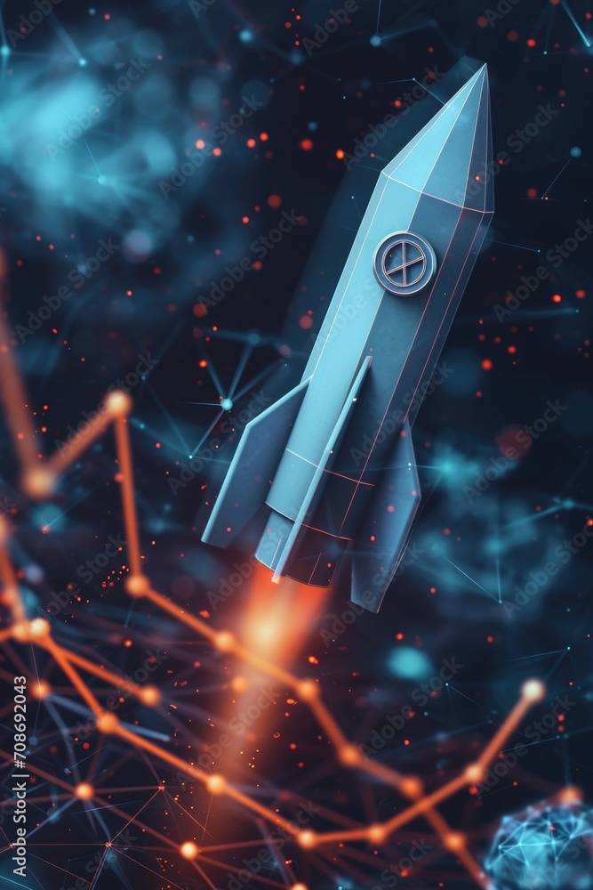 Poster A rocket flying through the air with a backdrop of interconnected lines and connections. Suitable for technology, innovation, and futuristic concepts