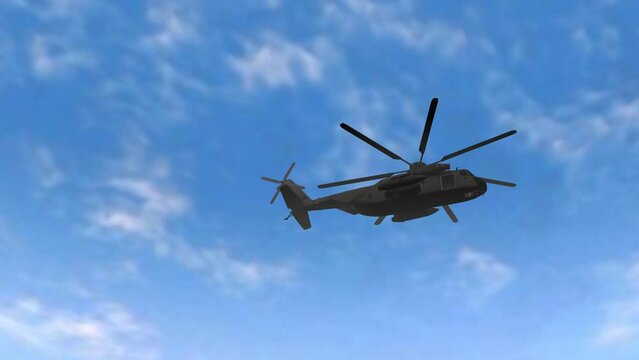 Helicopters Realistic 3D flying on the blue clear sky with low angle view animation, copter helicopter entering and outing render