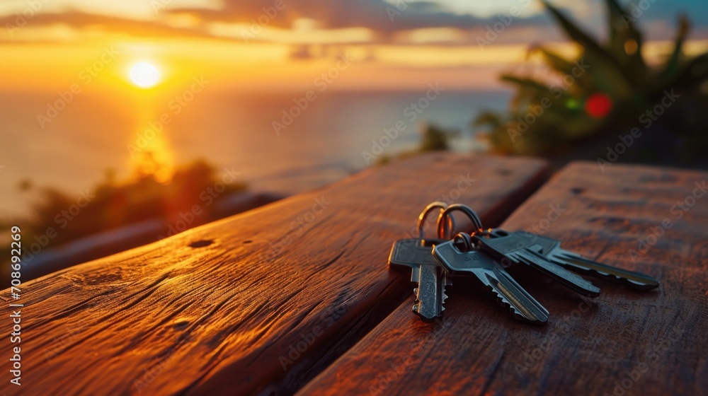Poster A bunch of keys sitting on top of a wooden table. Can be used to symbolize security or access