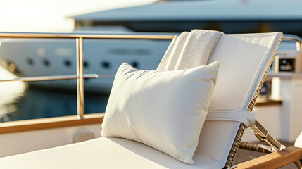 Fototapeta na wymiar A white pillow is placed on a wooden deck chair on a luxury super yacht, with another super yacht in the background.