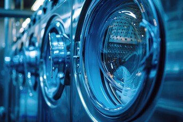 A close-up view of a row of washing machines. This image can be used to depict a laundromat, household chores, or the concept of cleanliness