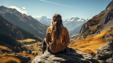 girl sitting on the rock and looking at the mountains - obrazy, fototapety, plakaty