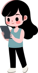 Girl standing holding tablet.