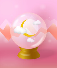 Magic sphere with the moon and clouds on the background of pink mountains. Magic ball with the moon.