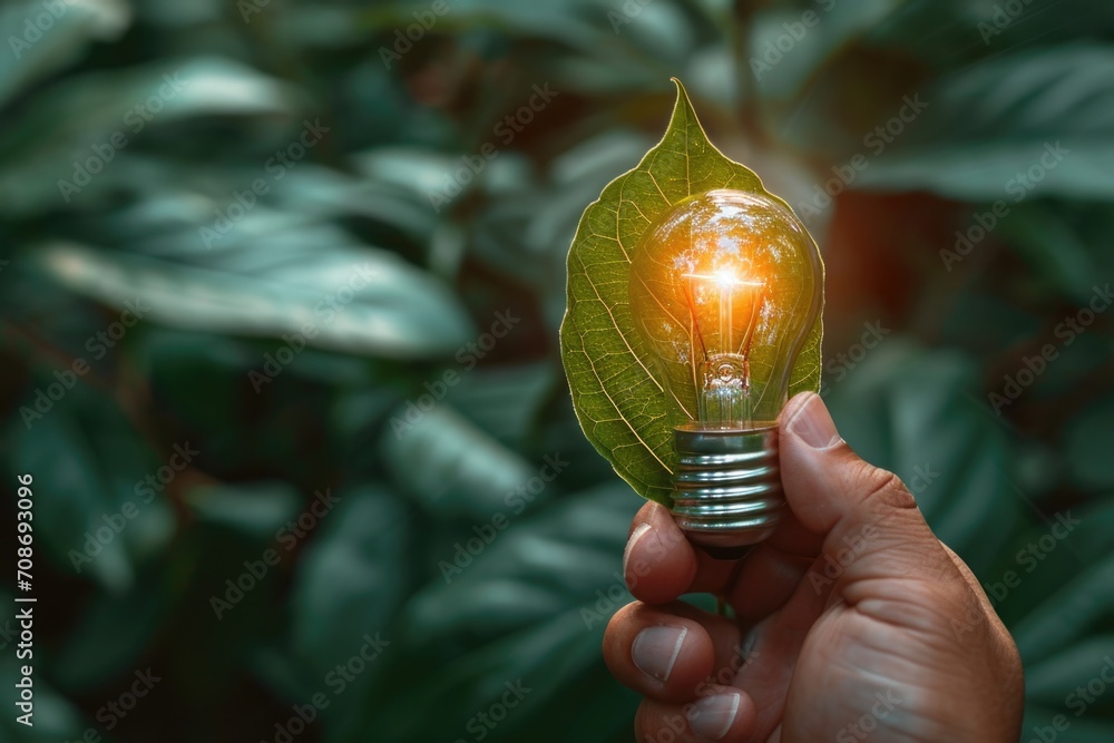 Poster a person is holding a light bulb with a leaf on it. this image can be used to represent creativity, 