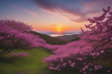 Branches with fresh pink flowers in full bloom against the sunset sky.