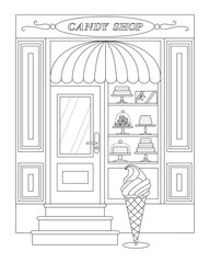 Sweets shop. Exterior. Black and white vector illustration.