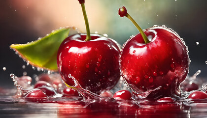 Fresh cherries with water drops on a dark background, macro photo
