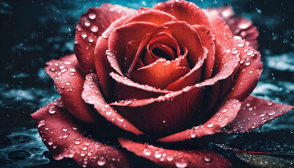 Beautiful red rose with drops of water on a dark background.