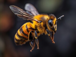Abeja volando, colores vivos, amarillo y negro, fondo difuminado miel de romero - Honey bees, rosemary's flavorful ambassadors, foraging in vivid blossoms