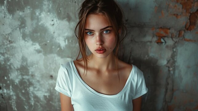 
Young woman in white blank t-shirt, grunge wall, studio close-up