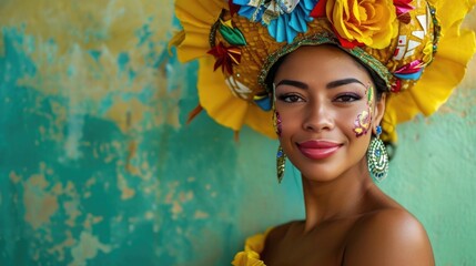 At the Brazilian carnival, a samba dancer in a crown and feathered attire flashes a radiant smile, embodying the festival's exuberant energy and color