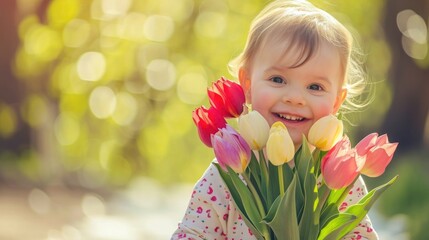 Obraz na płótnie Canvas A joyful toddler holding a bunch of colorful tulips, with a bright, sunlit backdrop, reflecting the happiness of spring