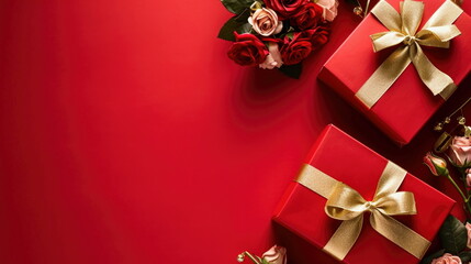 Obraz na płótnie Canvas Red gift boxes with golden bows and roses on a red background, Valentine's day