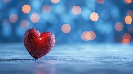 Obraz premium A solitary glittering heart rests against a blue backdrop with blurred lights, conveying a sense of romance and mystery.