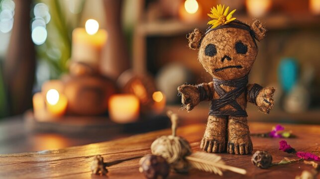 A handmade voodoo doll pierced with pins against a blurred background, representing mystical or folkloric practices.