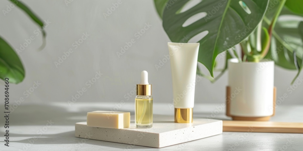 Canvas Prints A bottle of perfume sitting on top of a counter next to a plant. Perfect for beauty and lifestyle themes