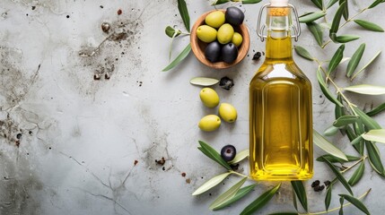 Bottle of olive oil with fresh olives and olive branches on a marble surface, evoking a Mediterranean feeling, space for text