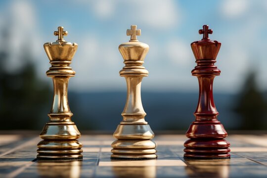 Observing three chess pieces from a strategic perspective.