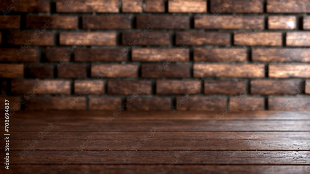Poster empty wooden table with blurred brick wall background. background for shooting objects