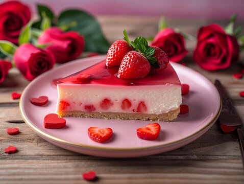 realistic food photo of a mouth-watering strawberry cheese cake in valentines day vibe