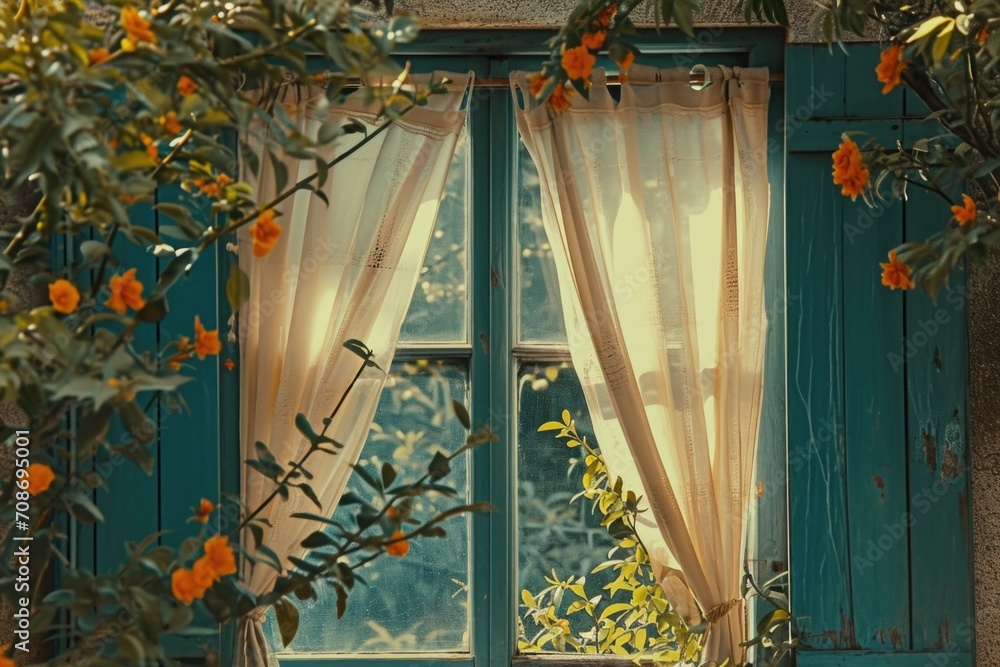 Poster An open window with a curtain. Can be used to depict a view from inside or outside a building