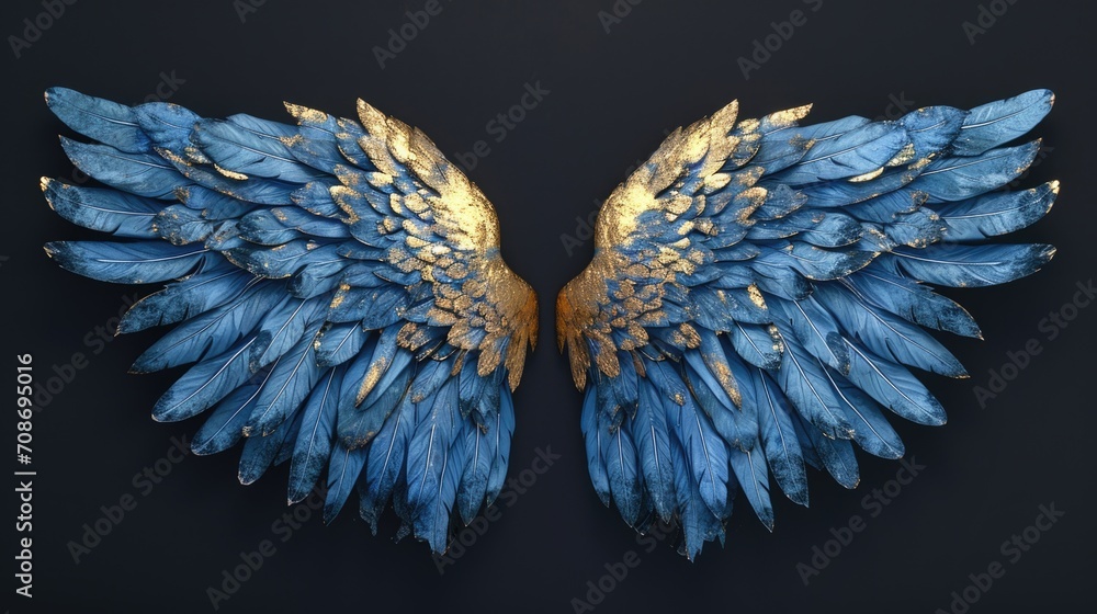 Poster blue and gold wings resting on a black surface. ideal for various creative projects