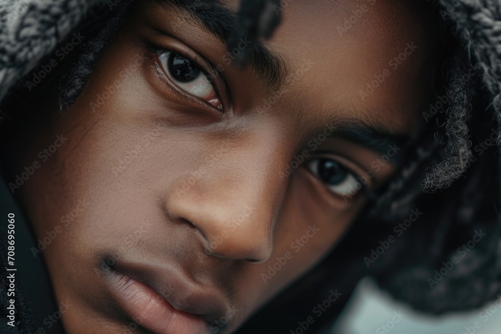 Poster a close-up view of a person wearing a hoodie. versatile image suitable for various uses